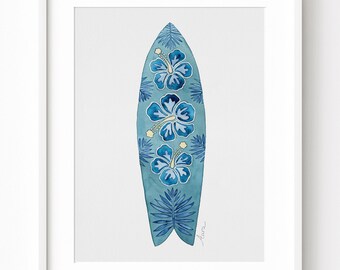 Impresión artística giclée de tabla de surf, acuarela de hibisco, decoración de pared con flores oceánicas, impresión costera de Hawái, ambiente oceánico, surfista en casa de playa