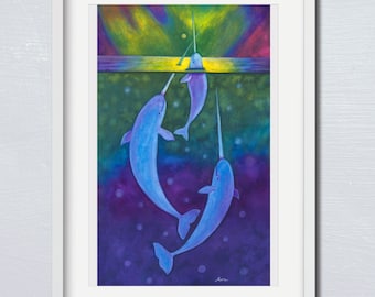 Narwhal Whale Dolphin Ocean Sea with Northern Lights Nursery Decor Giclee Art Print