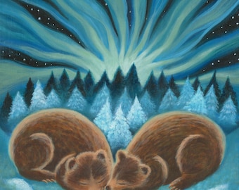 Hibernation Dreams - Sleeping Bears Under the Northern Lights, cute bear fine art print, winter aurora painting, woodland animal wall decor