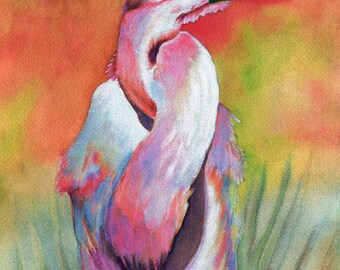 Egret Watercolor Fine Art Giclee Print, Bird Wall Decor, Waterfowl painting, Wetlands artwork, colorful shore bird art, wildlife painting