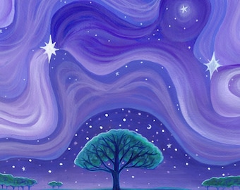 With Stars in My Eyes - Dreamy Aurora Art Print, Purple Celestial Landscape, Starry Sky Framed Archival Giclée, Whimsical Nature Wall Decor