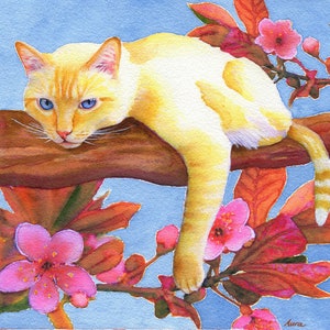 Flame Point Siamese Cat Watercolor Art Print, Cat Memorial Gift, Fire Point Siamese Wall Art, Cat Lover Gift, Cherry Blossom Giclee Artwork
