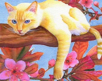 Flame Point Siamese Cat Watercolor Art Print, Cat Memorial Gift, Fire Point Siamese Wall Art, Cat Lover Gift, Cherry Blossom Giclee Artwork