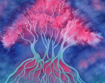 Watercolor Tree Art, Fantasy Landscape Art Print, Celestial Nature Wall Art, Night Sky Framed Giclée Print, Dreamy Whimsical wall decor