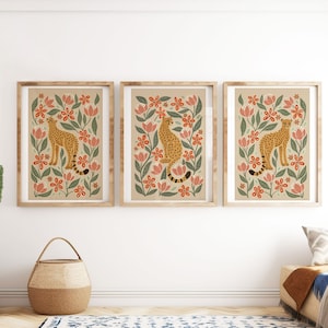 Cheetah Wall Art, Set of 3 Safari Animal Prints, Jungle Living Room Decor, Big Cat Paintings, Contemporary Folk Art, Floral Animal Posters