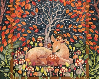 Deer Watercolor Fine Art Giclee Print, Whimsical Animal Wall Decor, Storybook Inspired Nursery Art, Doe and Fawn Fairytale Giclee wall decor