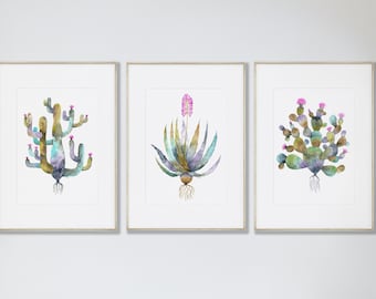 Set di stampe artistiche di cactus: acquerelli del deserto del sud-ovest