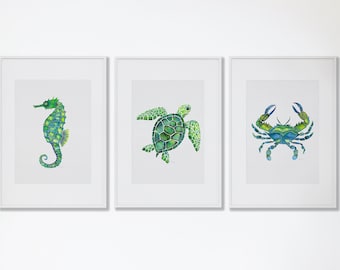 Green Coastal Animal Watercolor Art Prints, Nautical Beach House Ocean Set of 3, Turtle Seahorse Giclee Wall Art, Crab Seashell Home Decor