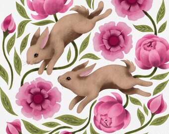 Bunnies and Peonies Fine Art print, Woodland Animal Giclee Artwork, Rabbits Fairytale Painting, Pink Floral Nursery Decor, Easter Wall Art