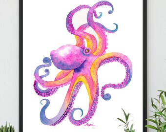 Octopus digital print, ocean animals prints, nautical artwork, watercolor, sea life, coastal art, beach house wall decor, nursery art