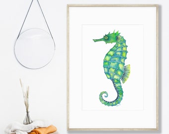 Seahorse digital print, ocean animals prints, nautical artwork, watercolor, sea life, coastal art, beach house wall decor, nursery art