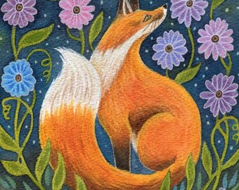 Floral Fox Fine Art Print, Woodland Cottagecore Animal Giclee Artwork, Forest Fairytale Painting, Nursery Wall Decor, Fairytale Woodland