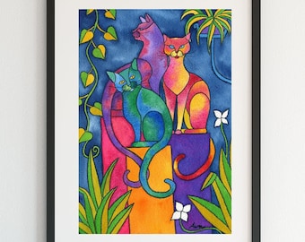 Colorful Siamese Cats Art Print, Whimsical Cat Lover Wall Decor, 3 Rainbow Cats Painting, Maximalist Cute Cat artwork, Giclee Cat Lover Gift