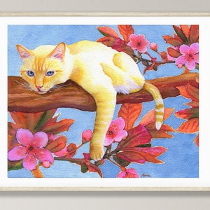 Flame Point Siamese Cat Art Print with Cherry Blossoms - Ideal Gift for Siamese Cat Lovers!