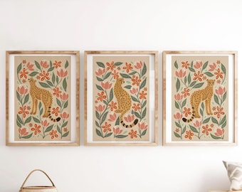 Cheetah Art Prints Set of 3, Safari Animal Giclee, Big Cat Modern Artwork, Folk Art Wall Decor, Jungle Cat Lover Gift, Maximalist painting