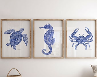 Blue Coastal Animal Watercolor Art Prints, Nautical Beach House Ocean Set of Any 3, Turtle Seahorse Giclee Wall Art, Crab Seashell Artwork