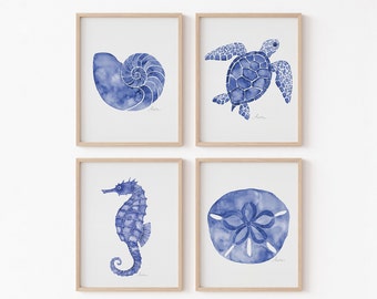 Blue Coastal Animal Watercolor Art Prints, Nautical Beach House Ocean Set of Any 4, Turtle Seahorse Giclee Wall Art, Crab Seashell Artwork
