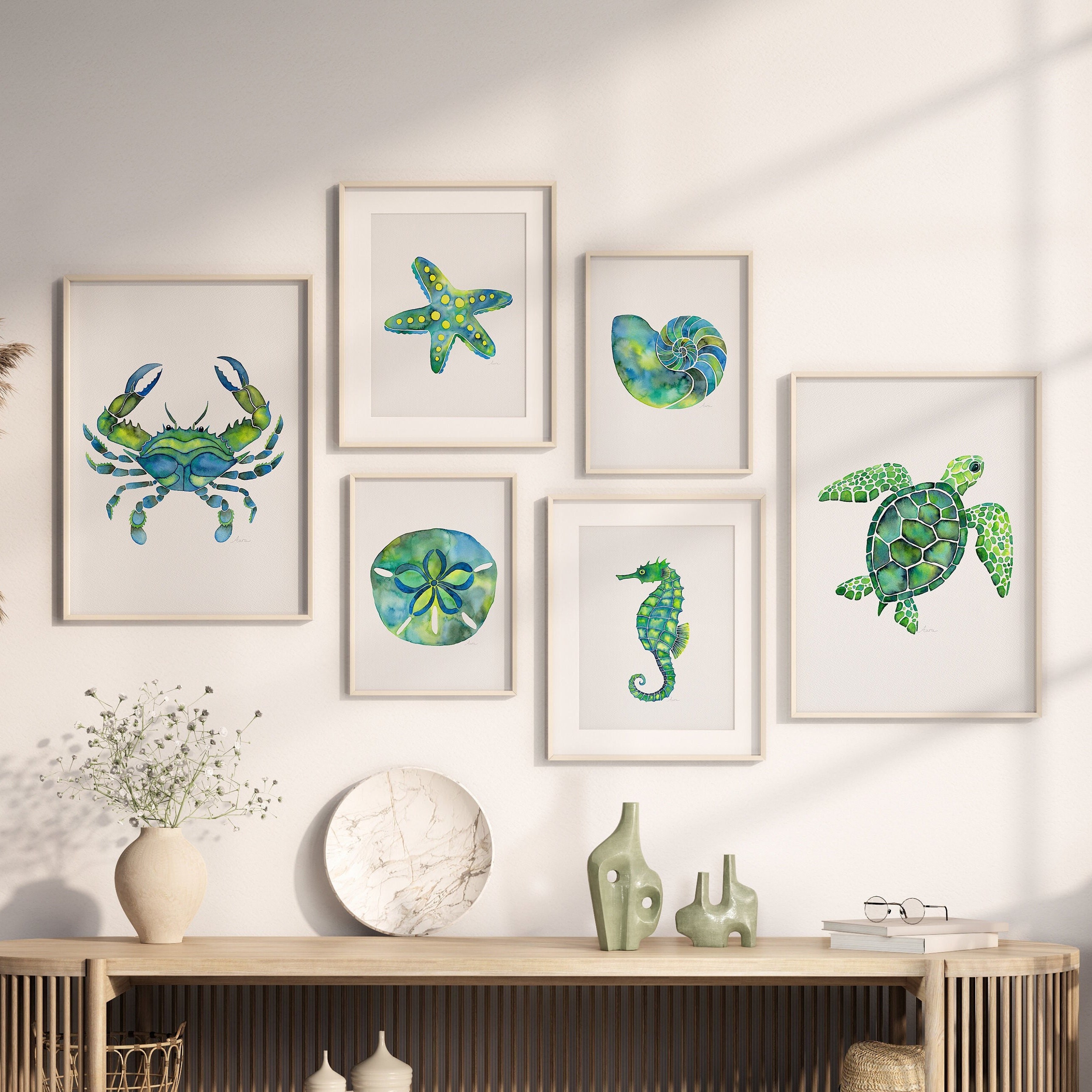View of Set of 3 Coastal Watercolor Art Prints Green Ocean Animal Paintings Sea ...