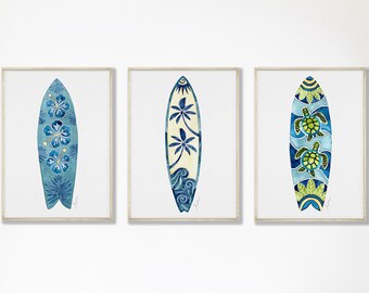 Surfboard Watercolor Art Prints, Nautical Beach House gift, Set of 3 Wall Decor, Hawaii Artwork, Ocean Themed, Surfer Gift, Tropical Giclee