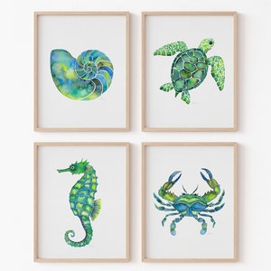 Set of 4 Coastal Watercolor Art Prints - Green Ocean Animal Paintings - Sea Turtle, Seahorse, Crab, Seashell, Star, Beach House Wall Decor