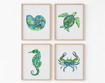 Green Coastal Animal Watercolor Art Prints, Nautical Beach House Ocean Set of 4, Turtle Seahorse Giclee Wall Art, Crab Seashell Home Decor