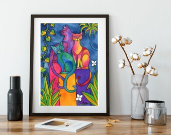 Siamese Cats Giclee Print, Cat lover artwork, cat lovers gift, Cat Print, Colorful cat art, whimsical cats, siamese, funny cats art, 3 cats