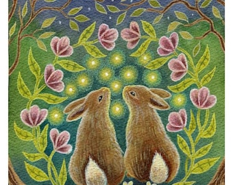 Bunnies Fine Art print, Woodland Cottagecore Animal Giclee Artwork, Rabbits and Flowers Fairytale Painting print, Nursery Wall Decor