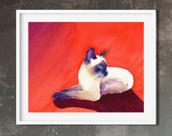 Applehead Siamese Cat Watercolor print, colorful red cat art, Cat lover wall decor, gift for siamese cat owner, giclee animal painting