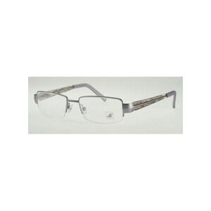 May include: Silver-toned metal eyeglasses with a rectangular frame and clear lenses. The arms of the glasses have a brown and silver patterned design. The brand name "ele" is printed on the right lens.