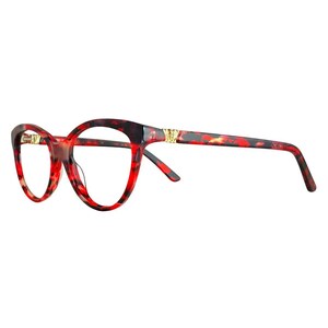 May include: Red and black tortoiseshell eyeglasses with a cat-eye frame. The glasses have a gold-colored emblem on the temples. The lenses are clear.