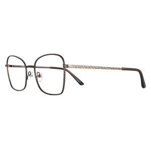 May include: Brown-framed spectacles with a square shape and a decorative pattern on the temples. The lenses are clear, and the frame has a thin, delicate design. The glasses are set against a white background.