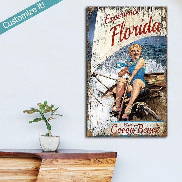 Personalized Vintage Sailing Sign, Custom Sailing Wall Art, Visit Cocoa Beach Florida Vintage Sign, Wooden Signs-Better than a Poster!