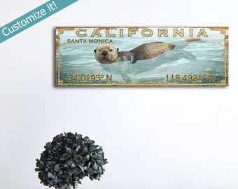 Custom Wood Sea Otter Sign, Retro California Wall Art, Personalized Nautical Sign, Beach House, Nautical Art Printed on Wood, 14"x40"