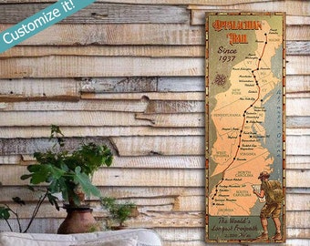 Wooden Appalachian Trail Map Sign, Personalized Hike the Appalachian Trail Sign, Hiking Wall Art Printed on Wood, 14"x40"