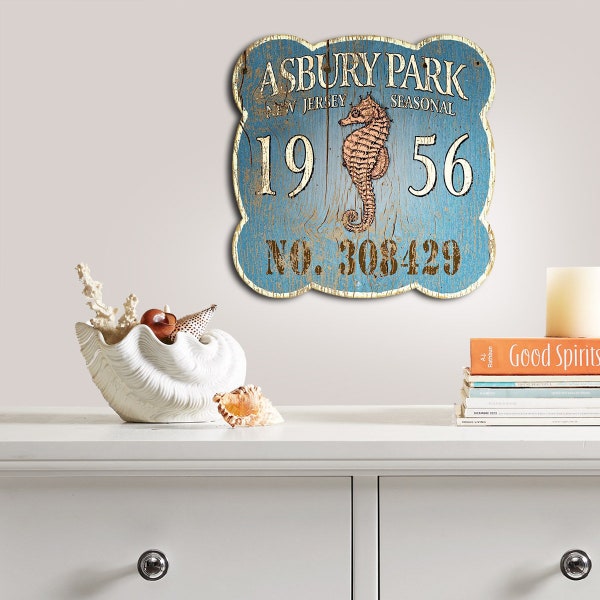 Vintage Asbury Park NJ Beach Pass Sign, Custom Beach House Wall Art, Personalized Sea Horse Art Print, Printed on Wood, 12" x 12"