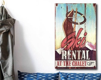 Wooden Ski Rental Vintage Sign, Custom Skiing Art Printed on Wood, Ski Lodge Decor, Wooden Signs - Better than a Poster!