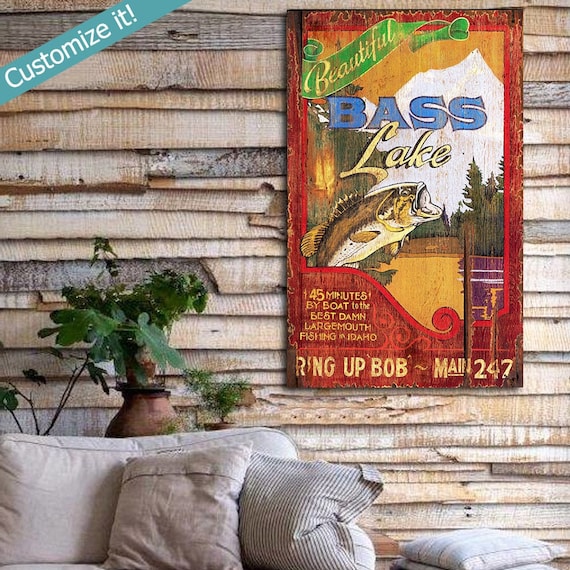 Custom Wood Bass Fishing Sign, Personalized Bass Fishing Decor, Retro Fishing  Wall Art, Fishing Gifts, Fishing Art Printed on Wood 