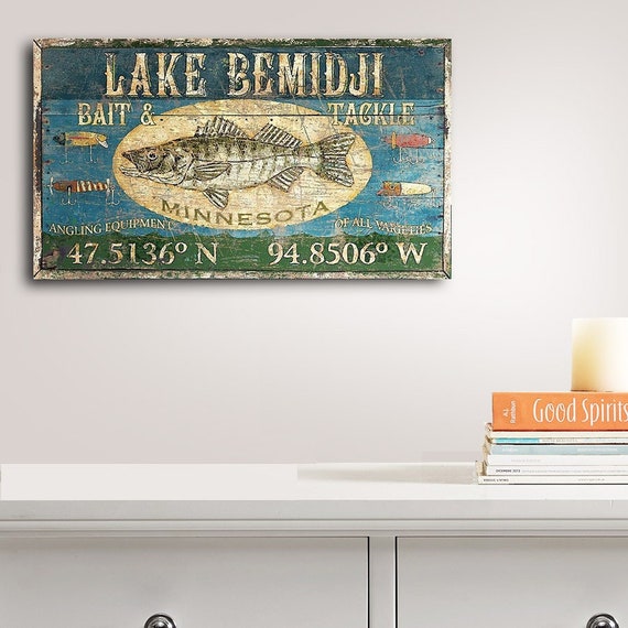 Wooden Lake Bemidji Vintage Fishing Art, Custom Bait & Tackle Sign