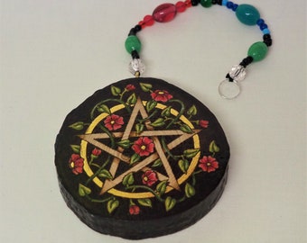 Large pyrography Pentagram and Triple Moon charm