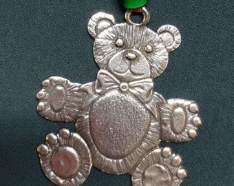 Teddy Bear Ornament Ribbon Fine Britannia Pewter Keychain | Lead, Cadmium & Nickel Free |  Handmade | Handcast | Made in USA | Made to Order