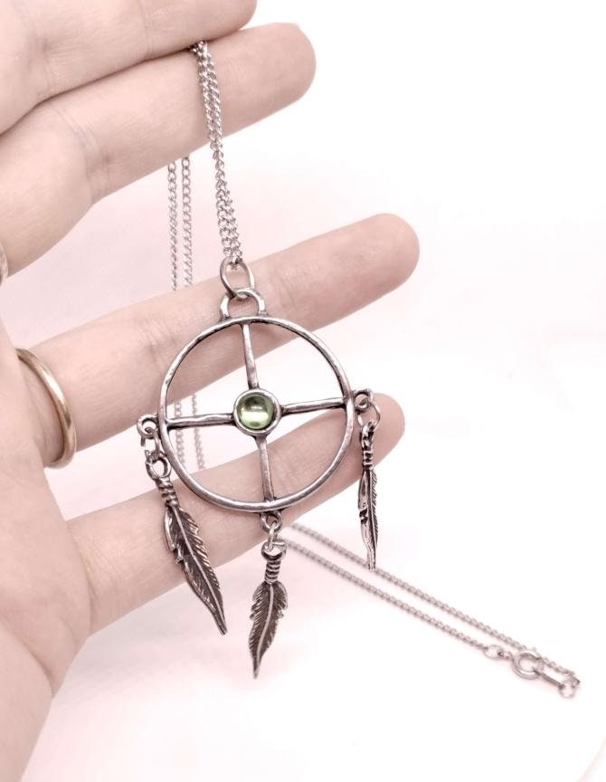 Handmade Pewter Medicine Wheel Necklace | Feather Charm, Made in