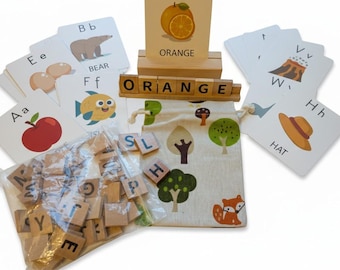 Montessori Spelling Game Educational Gift| 52 Capital Wooden Letters 26 Double Sided Cards