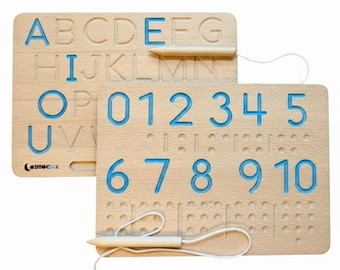 Montessori ABC Tracing Board | Wooden Uppercase Letters and Numbers Colored Wovels