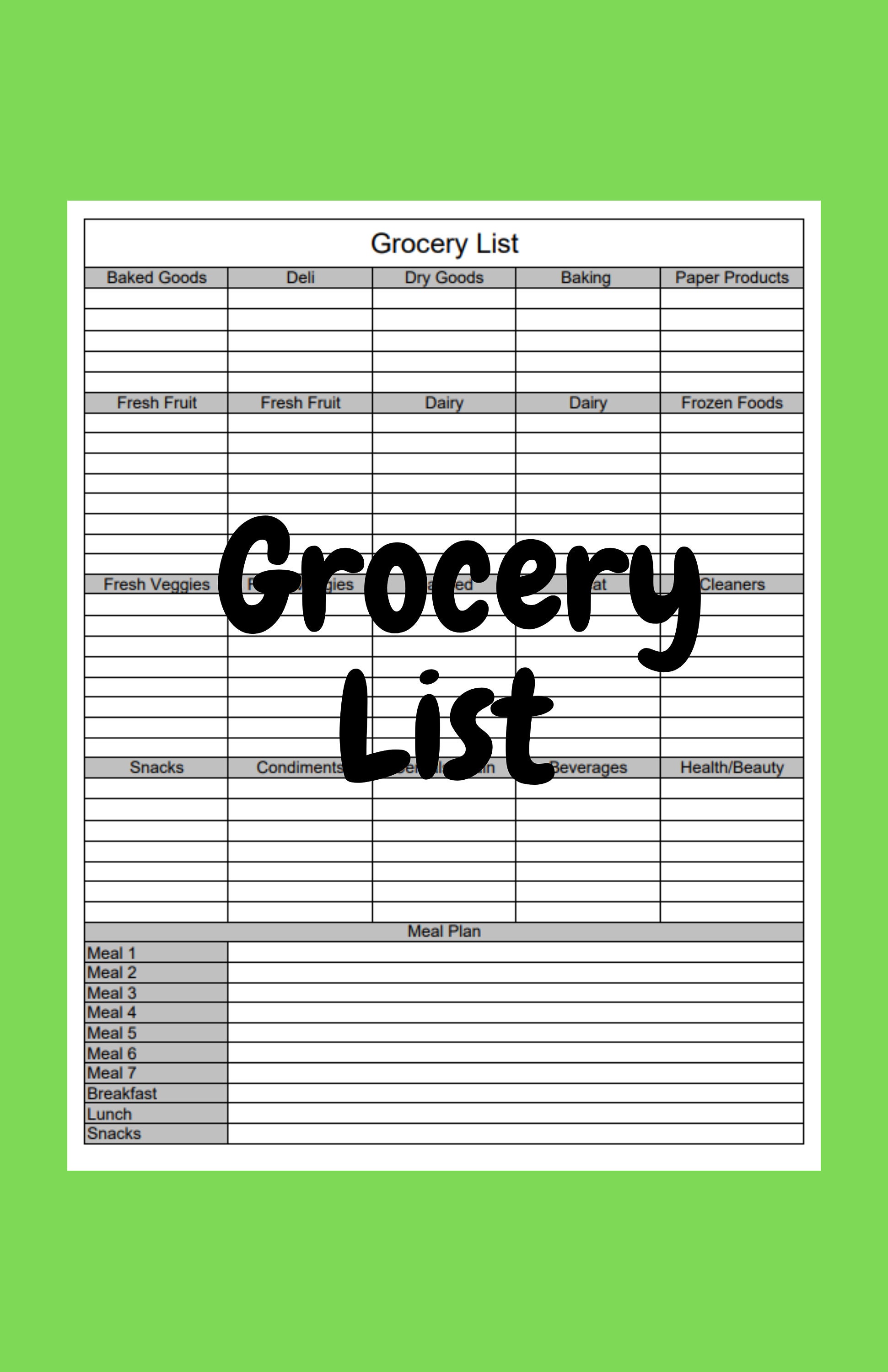 Grocery List Meal Plan Printable - Etsy