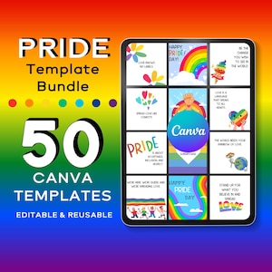 K&ouml;nnte beinhalten: Ein digitales Tablet zeigt 50 Canva-Vorlagen f&uuml;r den Pride Month. Die Vorlagen zeigen Regenbogenfarben, Herzen und Text wie "Happy Pride Day!" und "Spread Love Like Confetti".