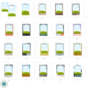 May include: A collection of twenty clipboards with various background designs. Each clipboard has a silver clip at the top and a white space for content. The backgrounds include brick, marble, wood, and other textures, suitable for stationery or office supplies.