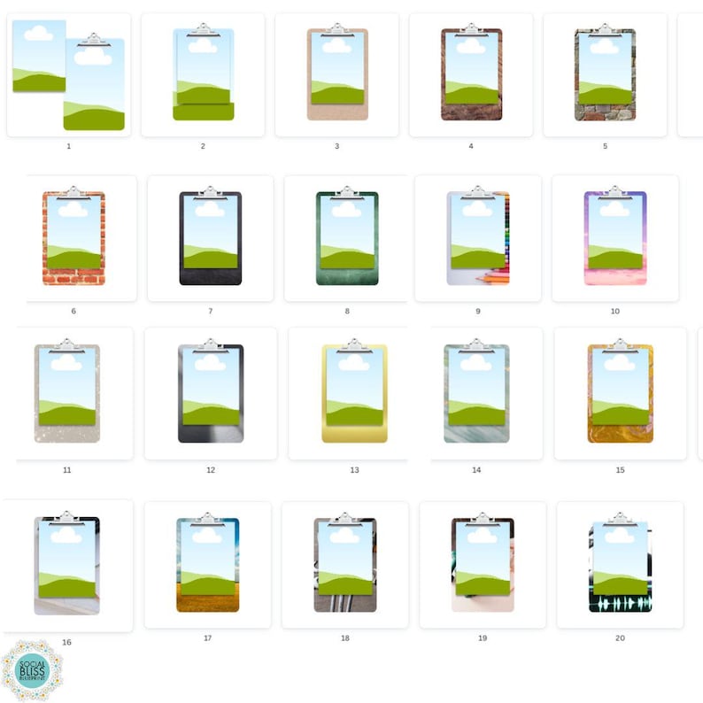 May include: A collection of twenty clipboards with various background designs. Each clipboard has a silver clip at the top and a white space for content. The backgrounds include brick, marble, wood, and other textures, suitable for stationery or office supplies.