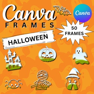 May include: A set of 50 Halloween-themed frames for Canva. The frames feature various Halloween icons, including a ghost, a pumpkin, a witch, a mummy, a spider, and a haunted house. The frames are in a white outline style with a green shadow.
