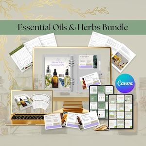Pacote de óleos essenciais e ervas | Planejador, lista, cartões, perfis, gráficos de mídia social, rótulos | Herbal, óleos | Tudo editável com Canva grátis