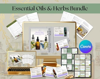 Essential Oils & Herbs Canva Template Bundle: Planner, Cards, Social Media (All Editable)